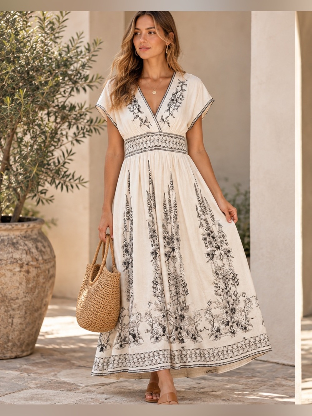 Max Studio London Floral Border Print Maxi Dress XL NWT Linen Blend Boho